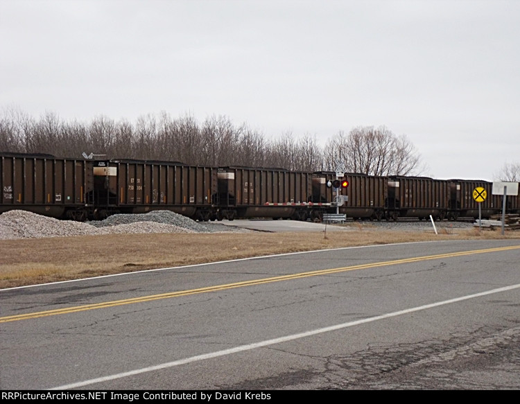 Coal train blocking ALL the crossings but one.